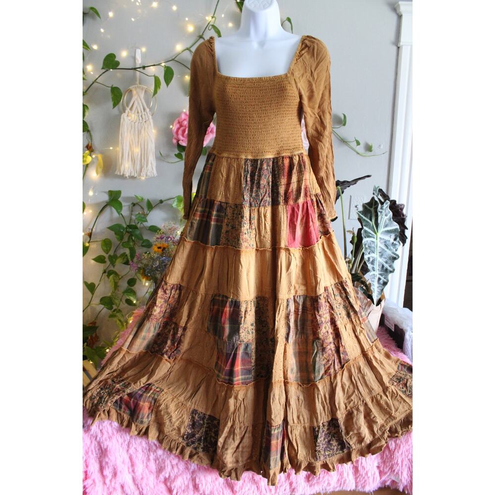 Young Threads Camel Patchwork Smocked Tiered Maxi Dress Size S NWT Boho - Picture 2 of 11